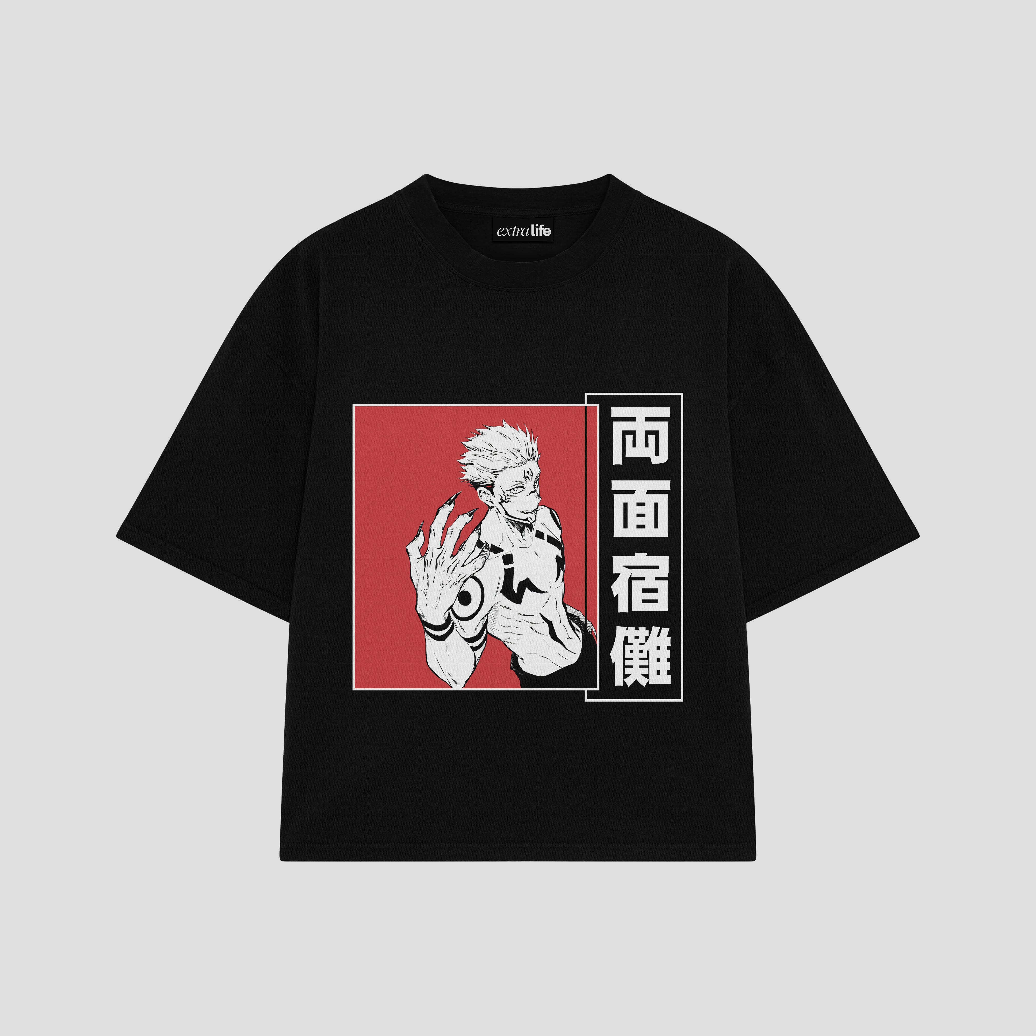 Playera streetwear premium de anime y gaming ExtraLife MX, corte boxy oversized drop shoulder heavyweight en color Deep Black y Off-White, moda urbana mexicana de culto.