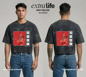 Playera streetwear premium de anime y gaming ExtraLife MX, corte boxy deluxe mineral wash heavyweight en color Acid Wash, moda urbana mexicana de culto.