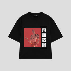 Playera streetwear premium de anime y gaming ExtraLife MX, corte boxy oversized drop shoulder heavyweight en color Deep Black y Off-White, moda urbana mexicana de culto.