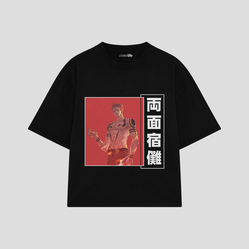 Playera streetwear premium de anime y gaming ExtraLife MX, corte boxy oversized drop shoulder heavyweight en color Deep Black y Off-White, moda urbana mexicana de culto.