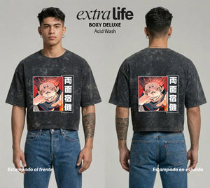 Playera streetwear premium de anime y gaming ExtraLife MX, corte boxy deluxe mineral wash heavyweight en color Acid Wash, moda urbana mexicana de culto.