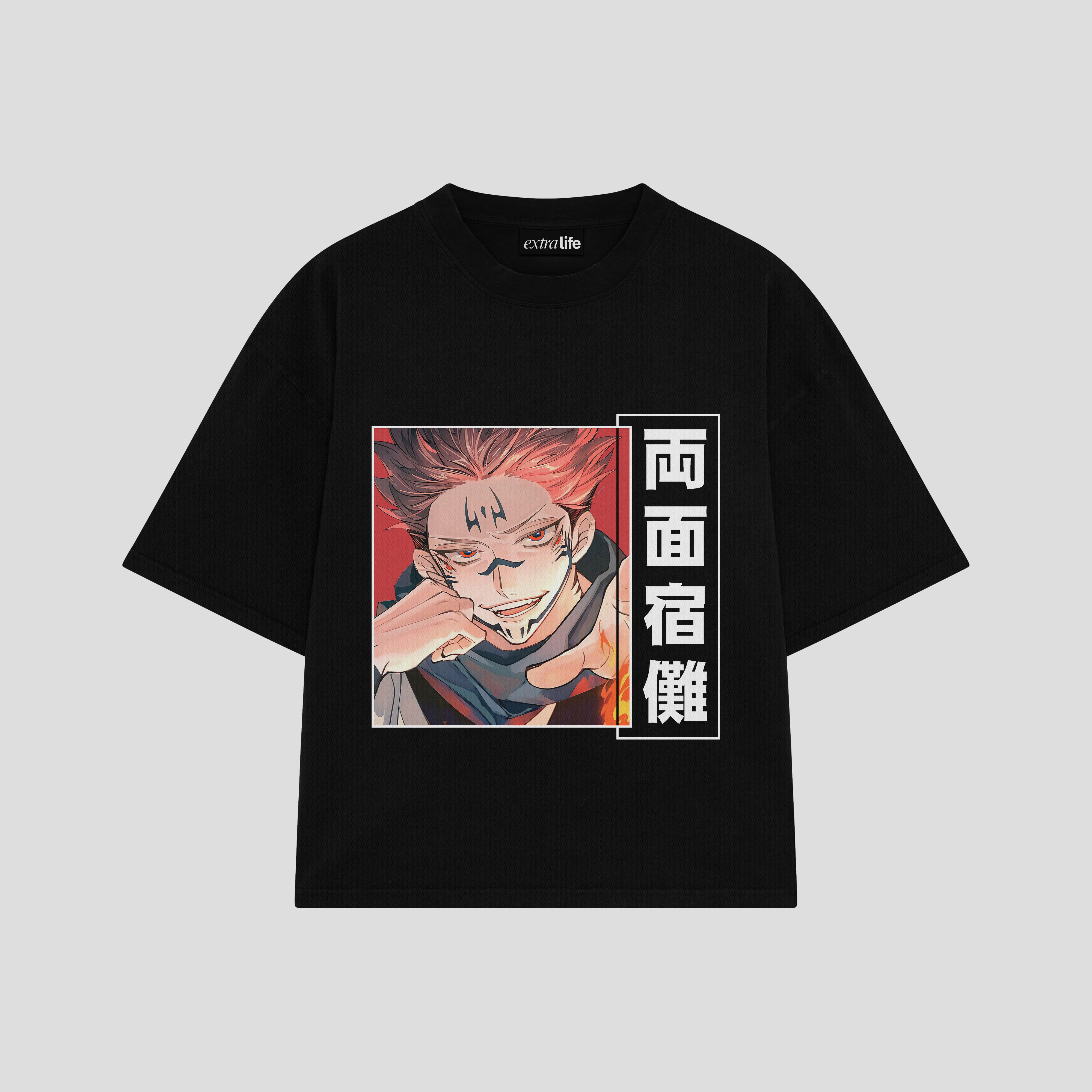 Playera streetwear premium de anime y gaming ExtraLife MX, corte boxy oversized drop shoulder heavyweight en color Deep Black y Off-White, moda urbana mexicana de culto.