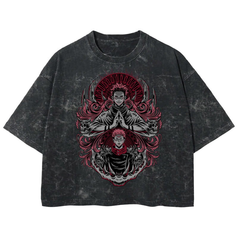 Playera streetwear premium de anime y gaming ExtraLife MX, corte boxy deluxe mineral wash heavyweight en color Acid Wash, moda urbana mexicana de culto.