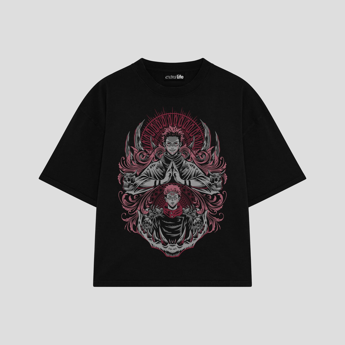Playera streetwear premium de anime y gaming ExtraLife MX, corte oversized drop shoulder ligero y fresco en color Deep Black y Off-White, moda urbana mexicana de culto.