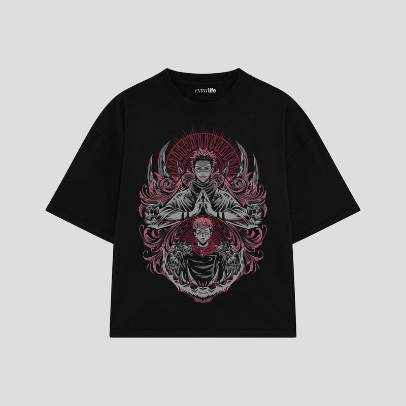Playera streetwear premium de anime y gaming ExtraLife MX, corte boxy oversized drop shoulder heavyweight en color Deep Black y Off-White, moda urbana mexicana de culto.