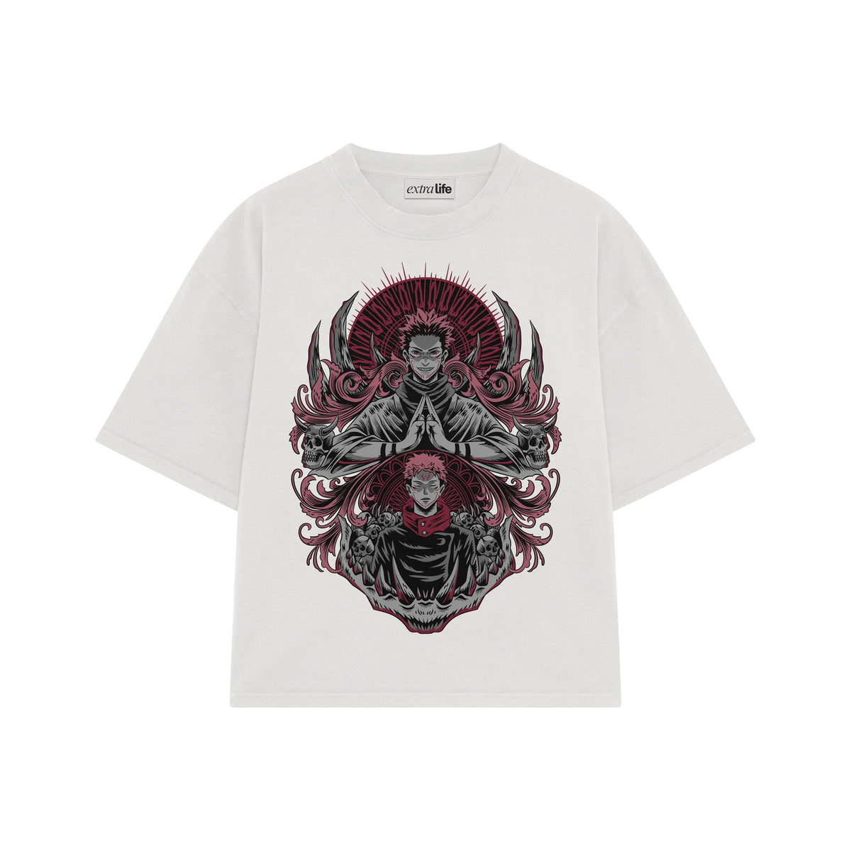Playera streetwear premium de anime y gaming ExtraLife MX, corte oversized drop shoulder ligero y fresco en color Deep Black y Off-White, moda urbana mexicana de culto.