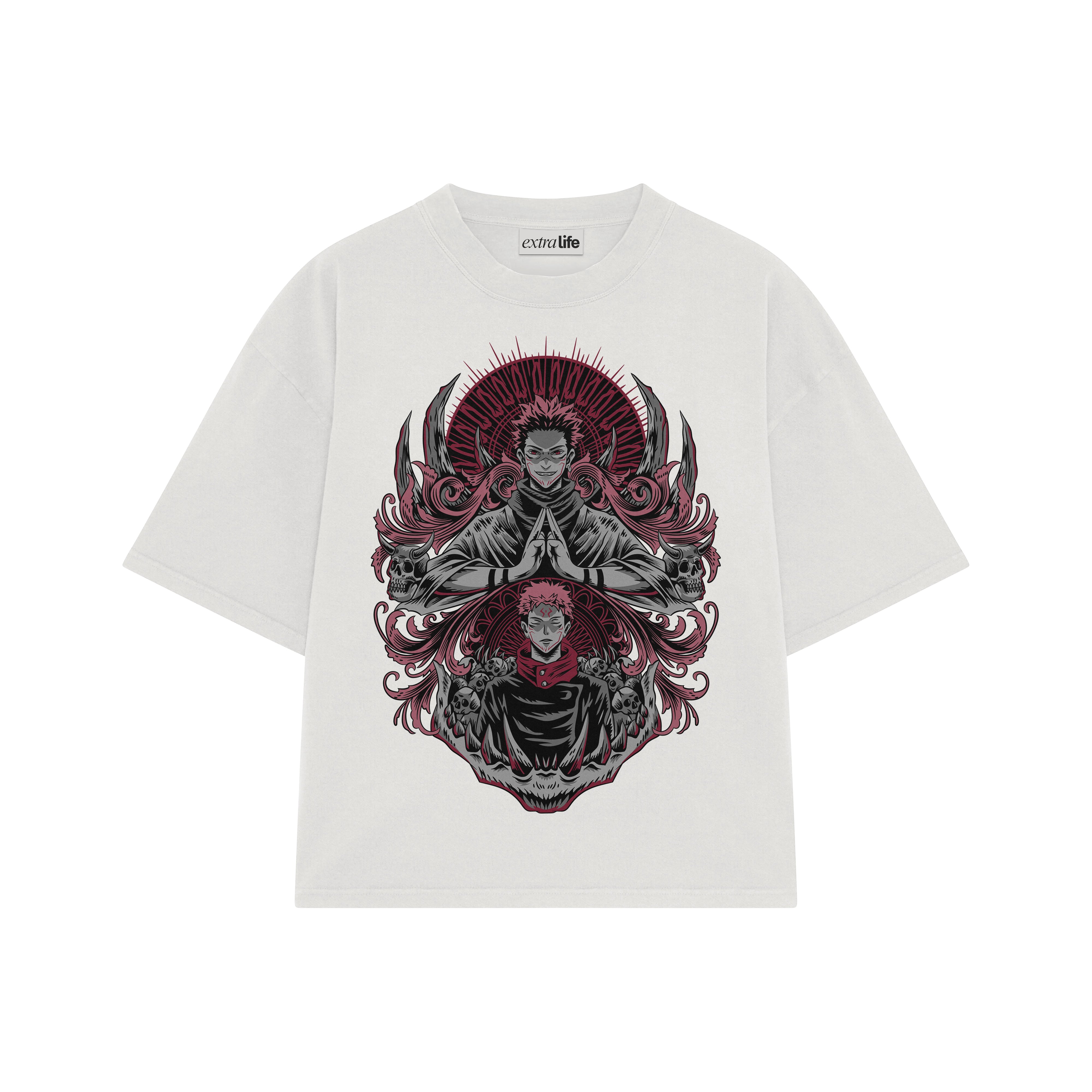 Playera streetwear premium de anime y gaming ExtraLife MX, corte boxy oversized drop shoulder heavyweight en color Deep Black y Off-White, moda urbana mexicana de culto.