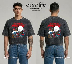 Playera streetwear premium de anime y gaming ExtraLife MX, corte boxy deluxe mineral wash heavyweight en color Acid Wash, moda urbana mexicana de culto.