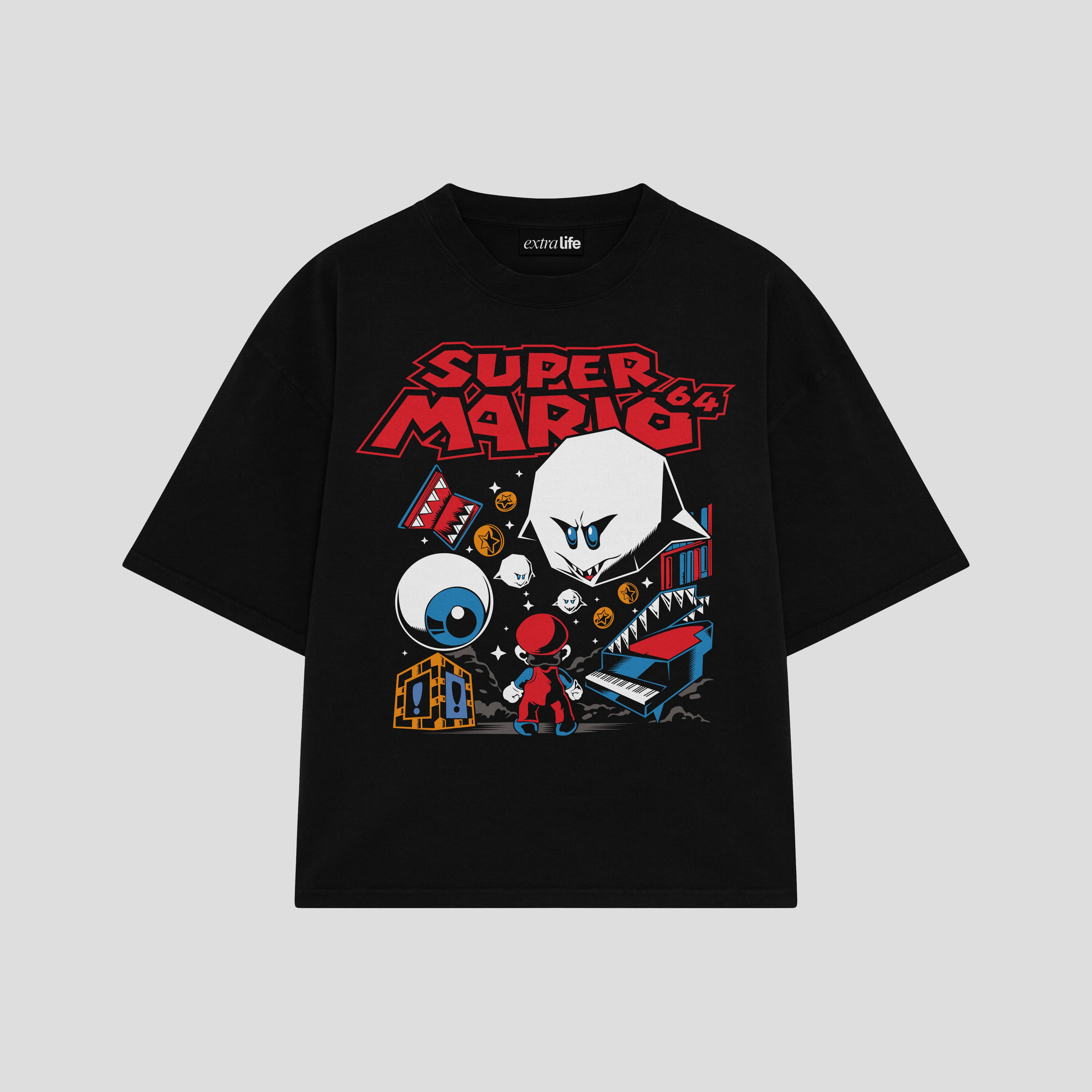 Playera streetwear premium de anime y gaming ExtraLife MX, corte boxy oversized drop shoulder heavyweight en color Deep Black y Off-White, moda urbana mexicana de culto.