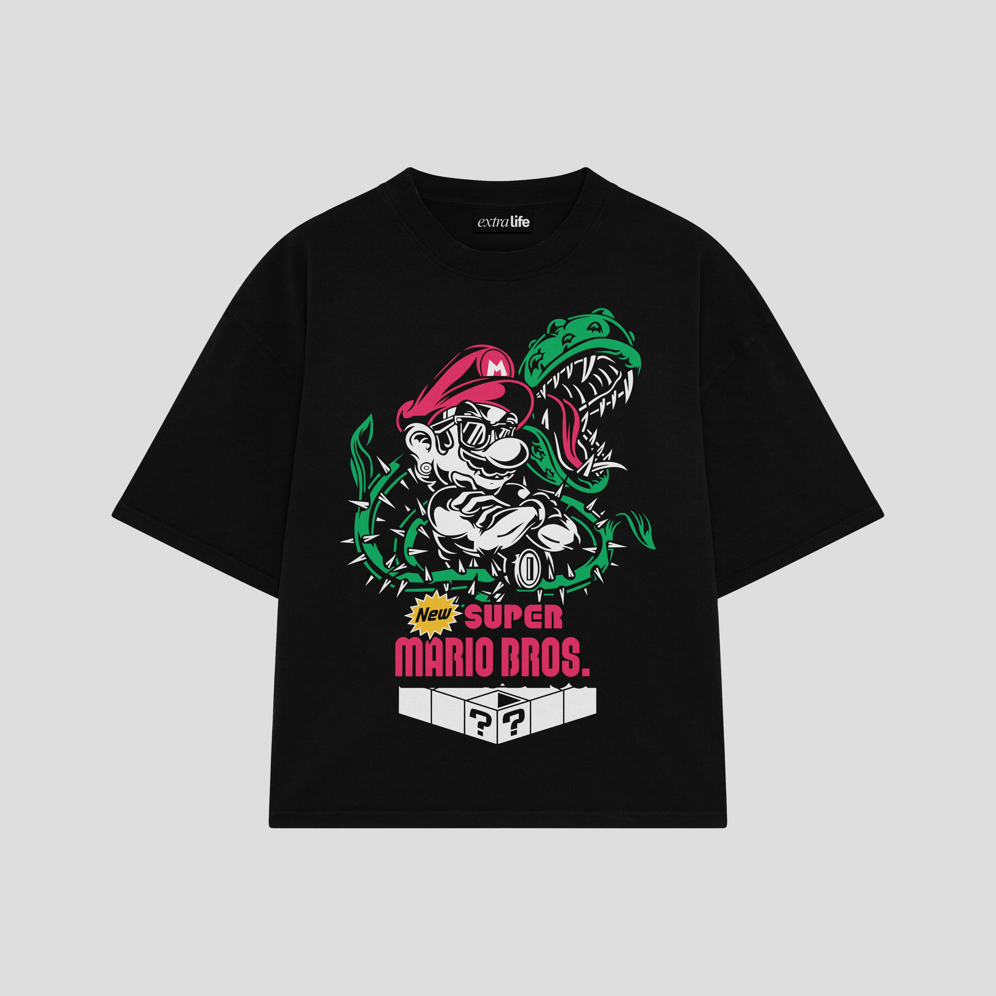 Playera streetwear premium de anime y gaming ExtraLife MX, corte boxy oversized drop shoulder heavyweight en color Deep Black y Off-White, moda urbana mexicana de culto.