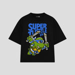 Playera streetwear premium de anime y gaming ExtraLife MX, corte boxy oversized drop shoulder heavyweight en color Deep Black y Off-White, moda urbana mexicana de culto.