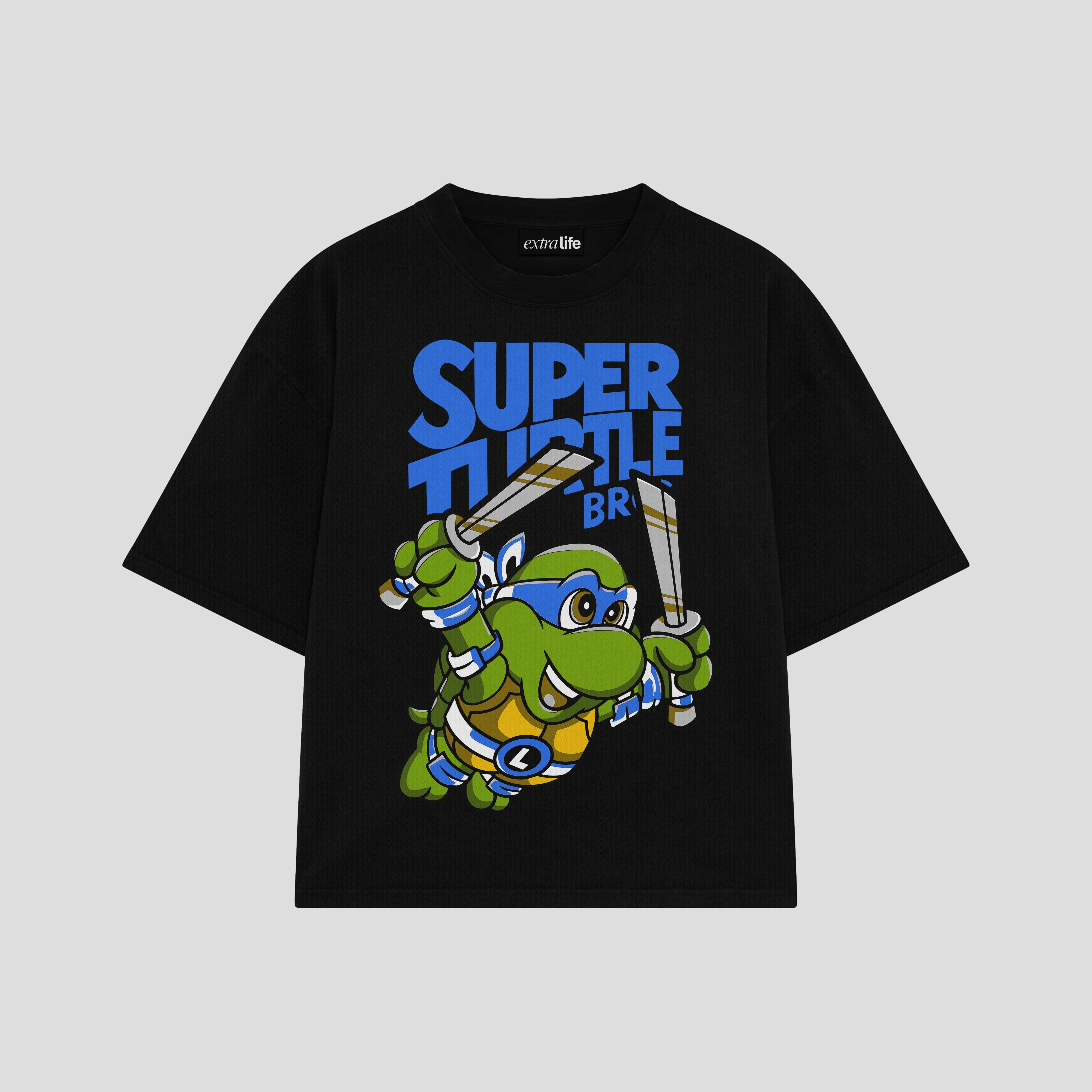 Playera streetwear premium de anime y gaming ExtraLife MX, corte boxy oversized drop shoulder heavyweight en color Deep Black y Off-White, moda urbana mexicana de culto.