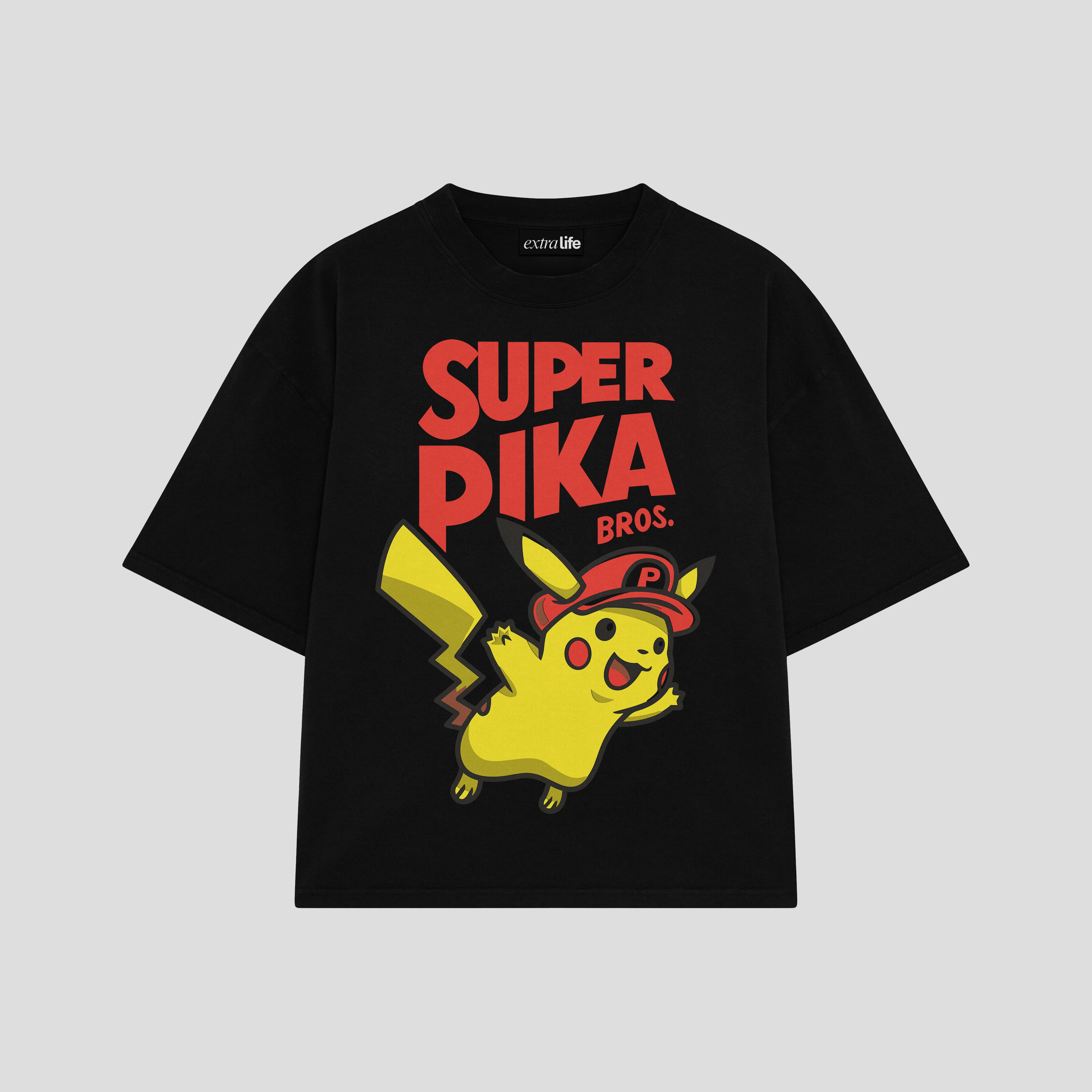 Playera streetwear premium de anime y gaming ExtraLife MX, corte boxy oversized drop shoulder heavyweight en color Deep Black y Off-White, moda urbana mexicana de culto.