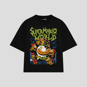 Playera streetwear premium de anime y gaming ExtraLife MX, corte boxy oversized drop shoulder heavyweight en color Deep Black y Off-White, moda urbana mexicana de culto.