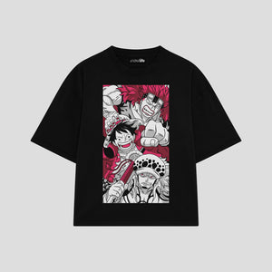 Playera streetwear premium de anime y gaming ExtraLife MX, corte boxy oversized drop shoulder heavyweight en color Deep Black y Off-White, moda urbana mexicana de culto.