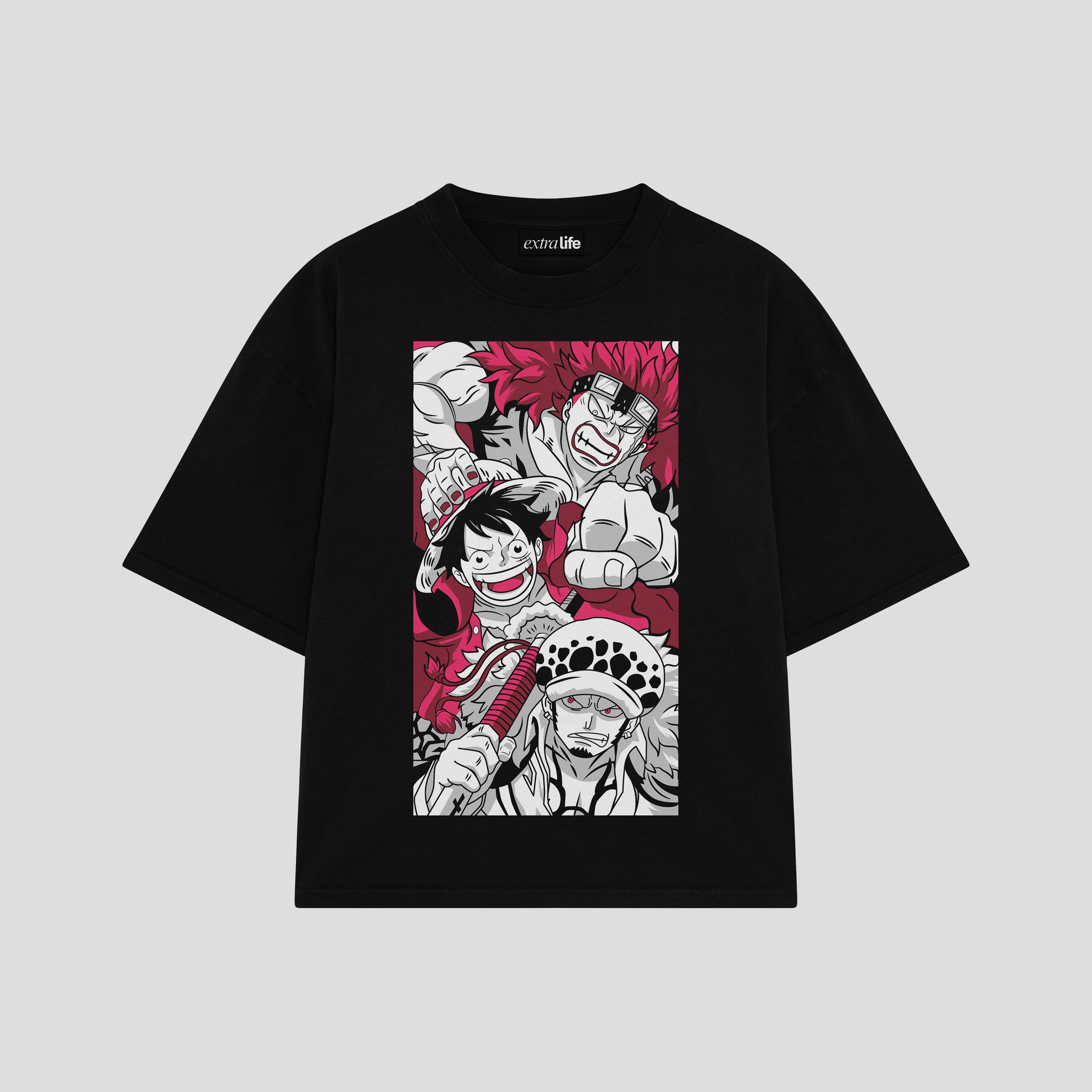 Playera streetwear premium de anime y gaming ExtraLife MX, corte boxy oversized drop shoulder heavyweight en color Deep Black y Off-White, moda urbana mexicana de culto.