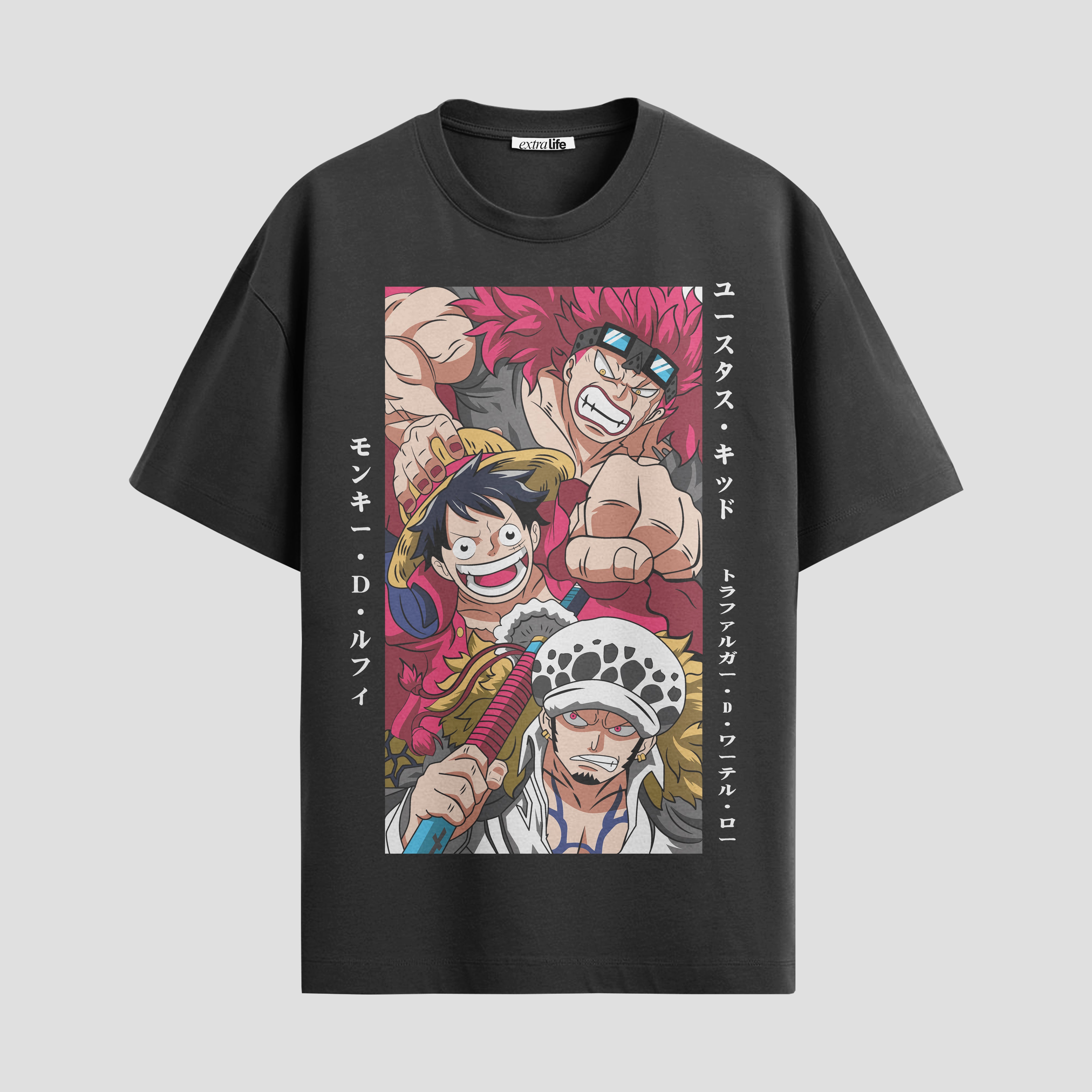 Playera urbana de anime y gaming ExtraLife MX, corte Standard Fit unisex ligero y transpirable en color Deep Black y Pure White, ropa de uso diario para gym y casual.