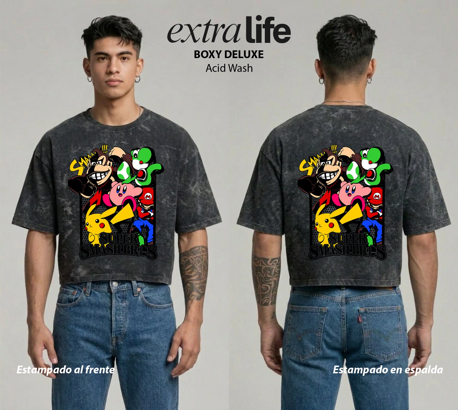 Playera streetwear premium de anime y gaming ExtraLife MX, corte boxy deluxe mineral wash heavyweight en color Acid Wash, moda urbana mexicana de culto.