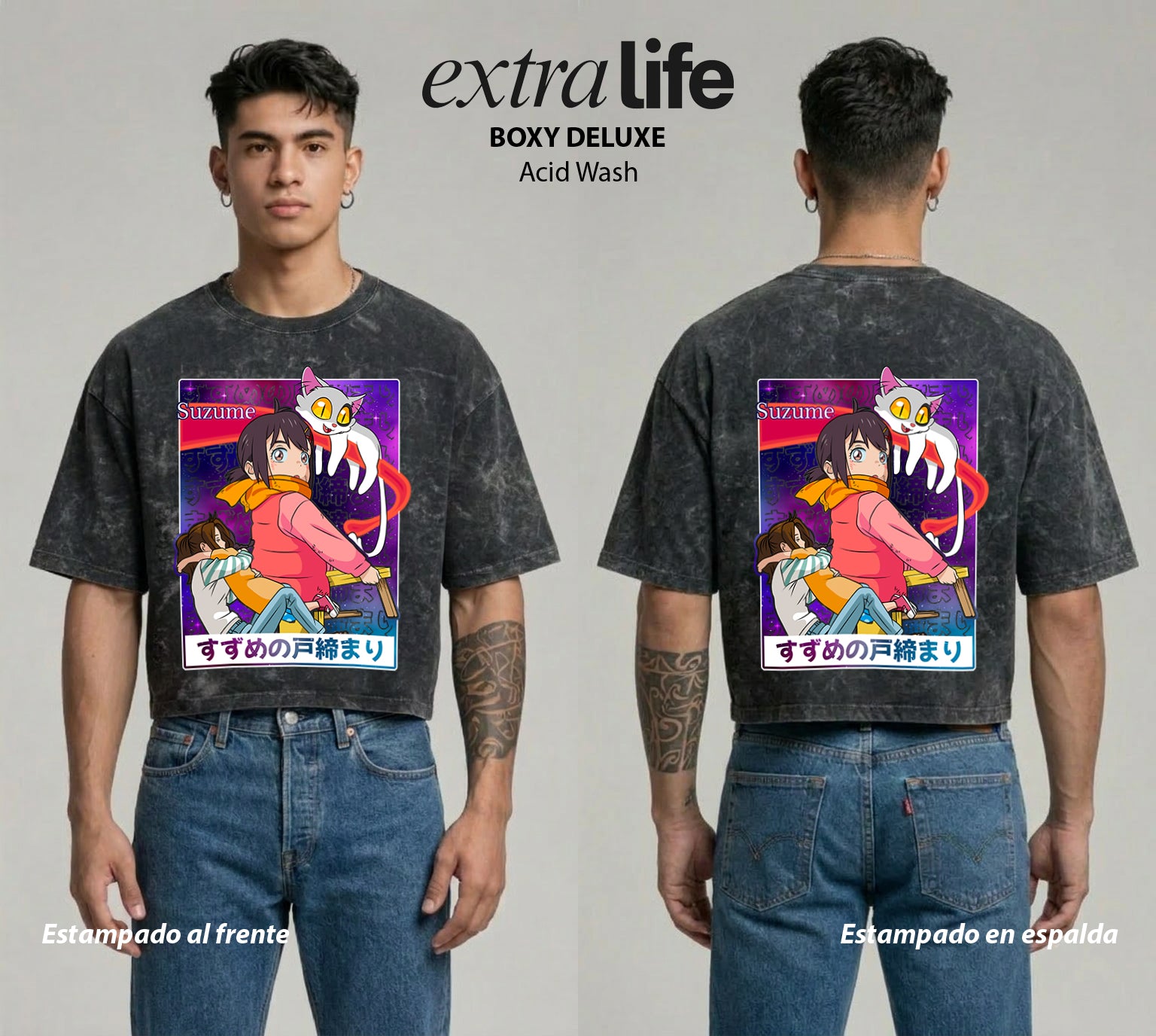Playera streetwear premium de anime y gaming ExtraLife MX, corte boxy deluxe mineral wash heavyweight en color Acid Wash, moda urbana mexicana de culto.