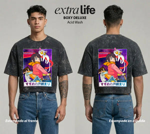 Playera streetwear premium de anime y gaming ExtraLife MX, corte boxy deluxe mineral wash heavyweight en color Acid Wash, moda urbana mexicana de culto.
