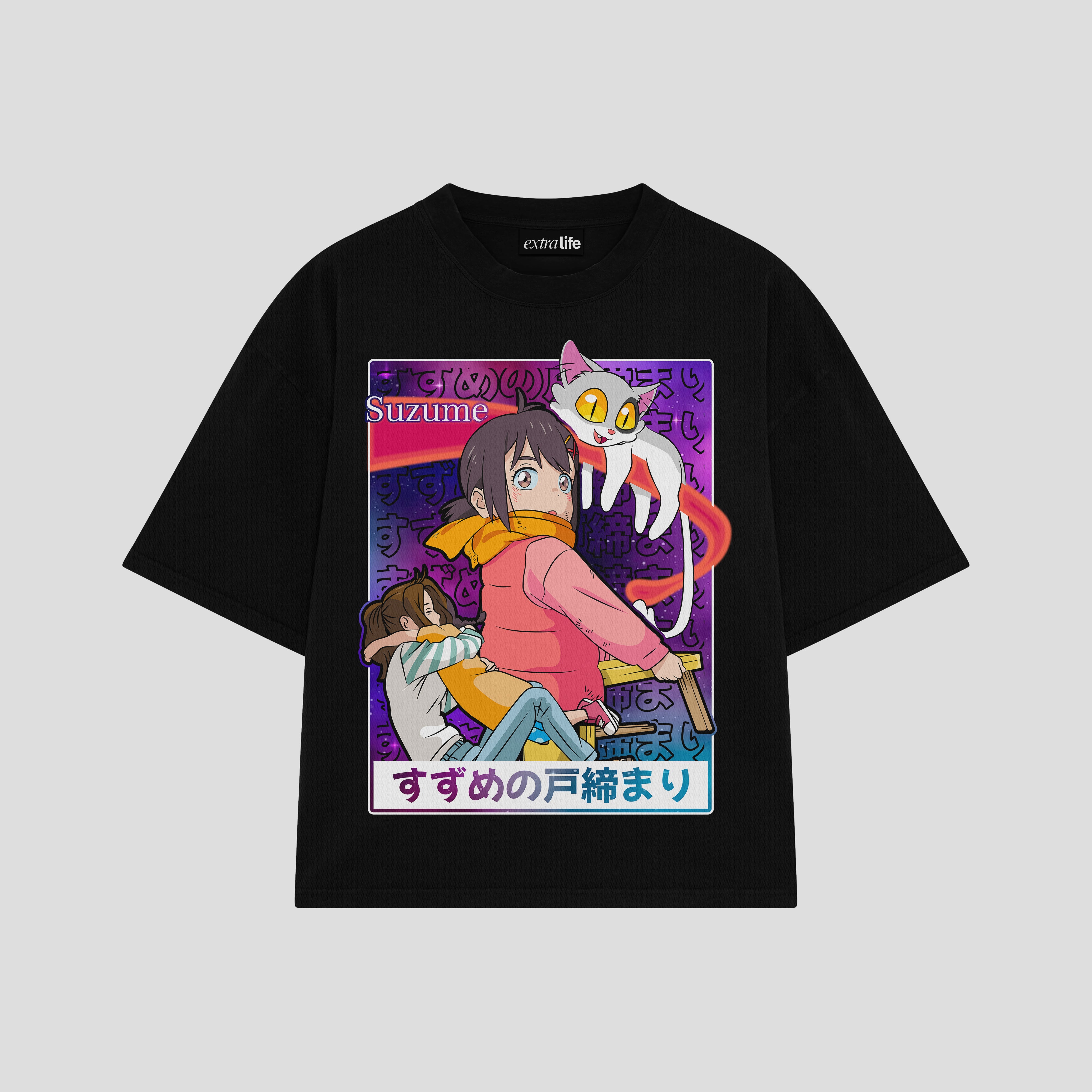 Playera streetwear premium de anime y gaming ExtraLife MX, corte boxy oversized drop shoulder heavyweight en color Deep Black y Off-White, moda urbana mexicana de culto.