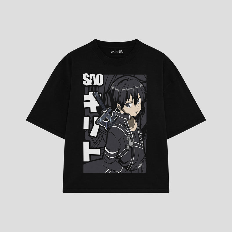 Playera streetwear premium de anime y gaming ExtraLife MX, corte boxy oversized drop shoulder heavyweight en color Deep Black y Off-White, moda urbana mexicana de culto.