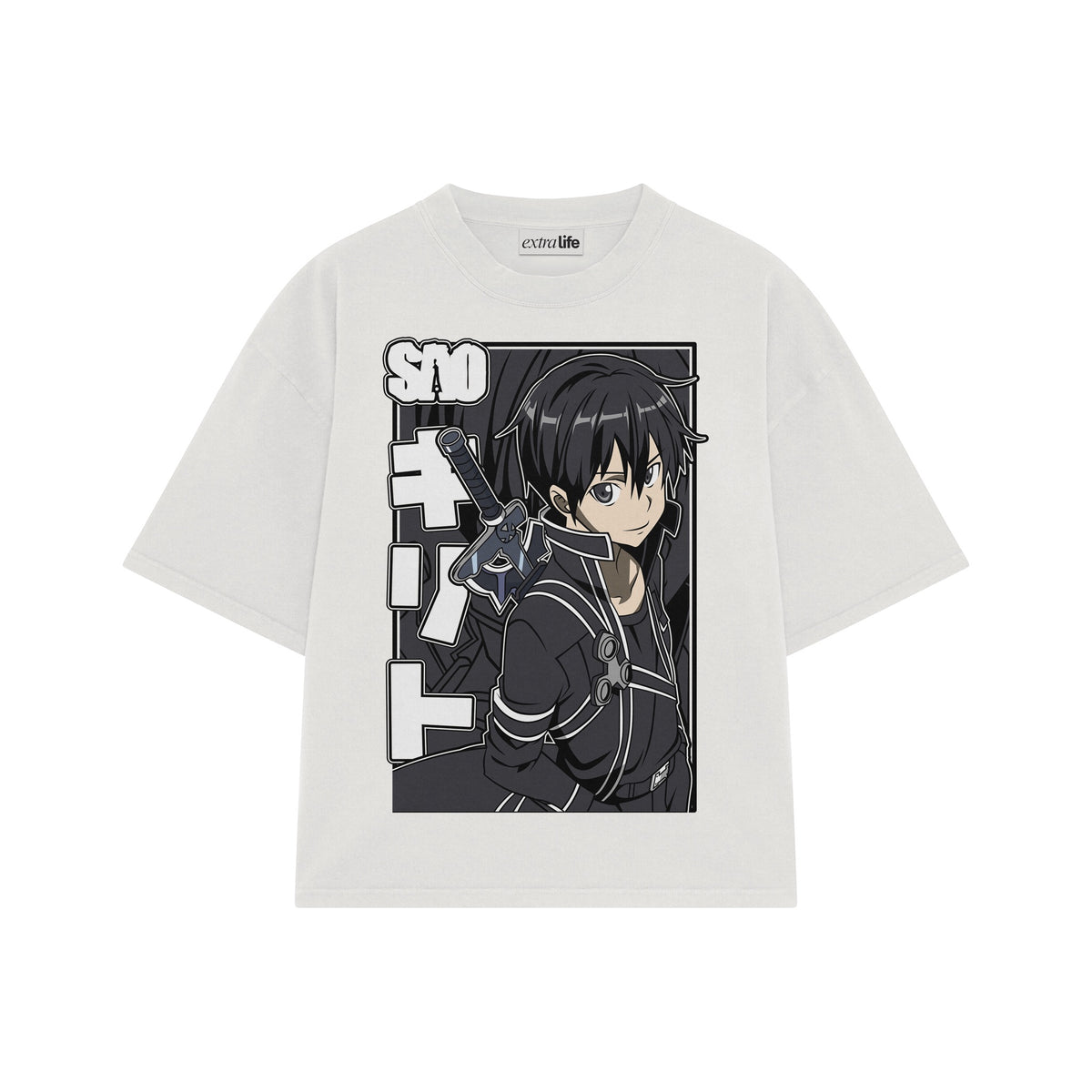 Playera streetwear premium de anime y gaming ExtraLife MX, corte oversized drop shoulder ligero y fresco en color Deep Black y Off-White, moda urbana mexicana de culto.
