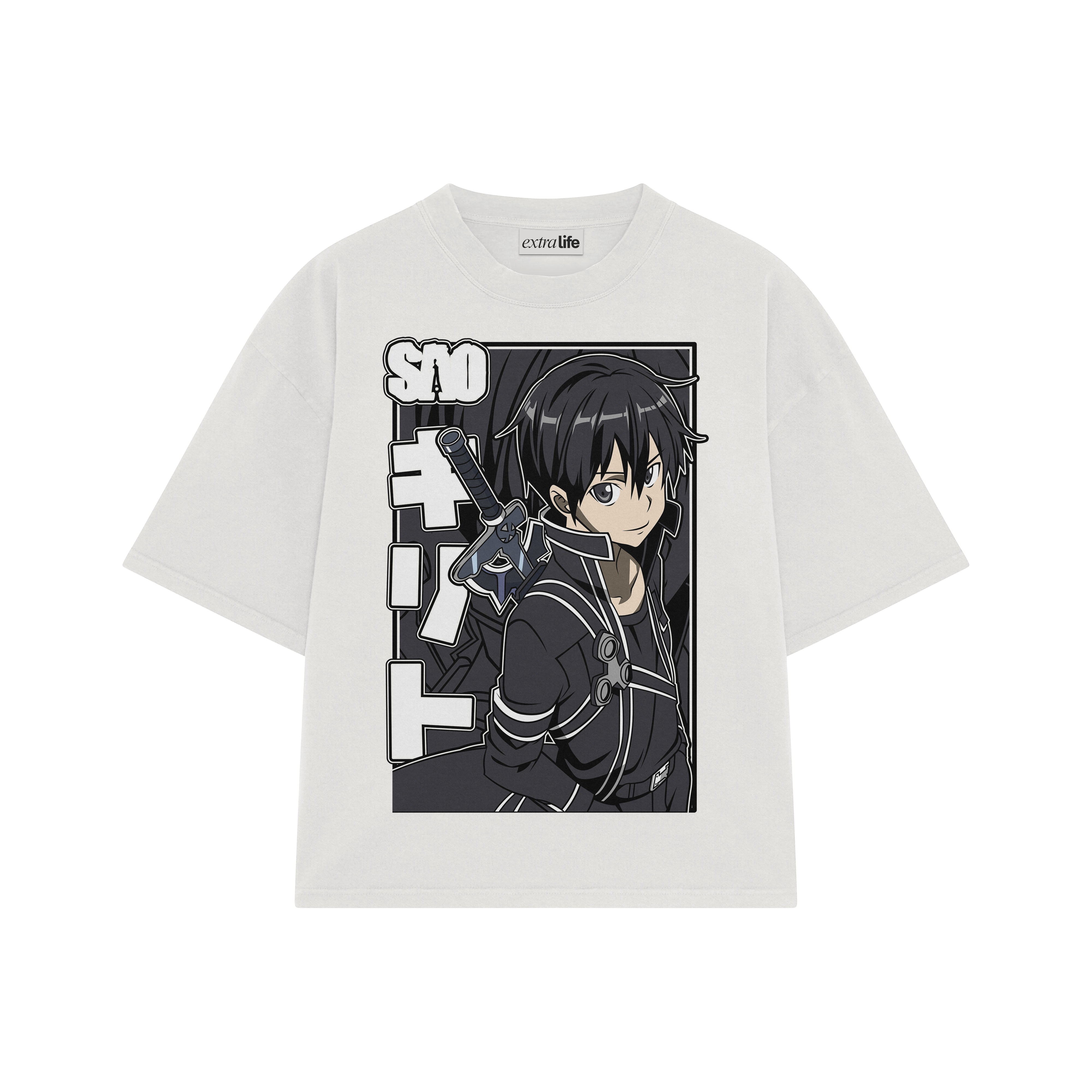 Playera streetwear premium de anime y gaming ExtraLife MX, corte boxy oversized drop shoulder heavyweight en color Deep Black y Off-White, moda urbana mexicana de culto.