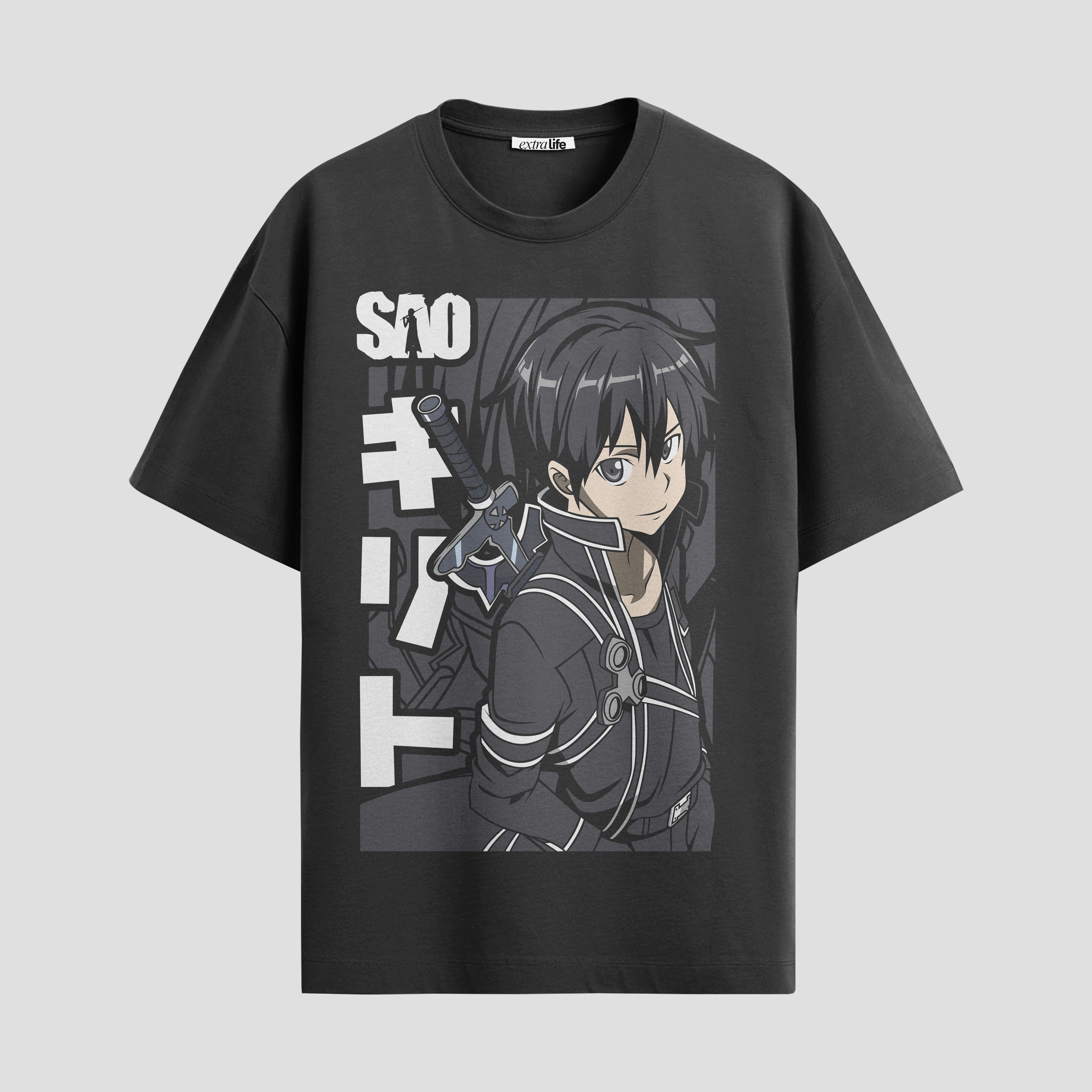Playera urbana de anime y gaming ExtraLife MX, corte Standard Fit unisex ligero y transpirable en color Deep Black y Pure White, ropa de uso diario para gym y casual.