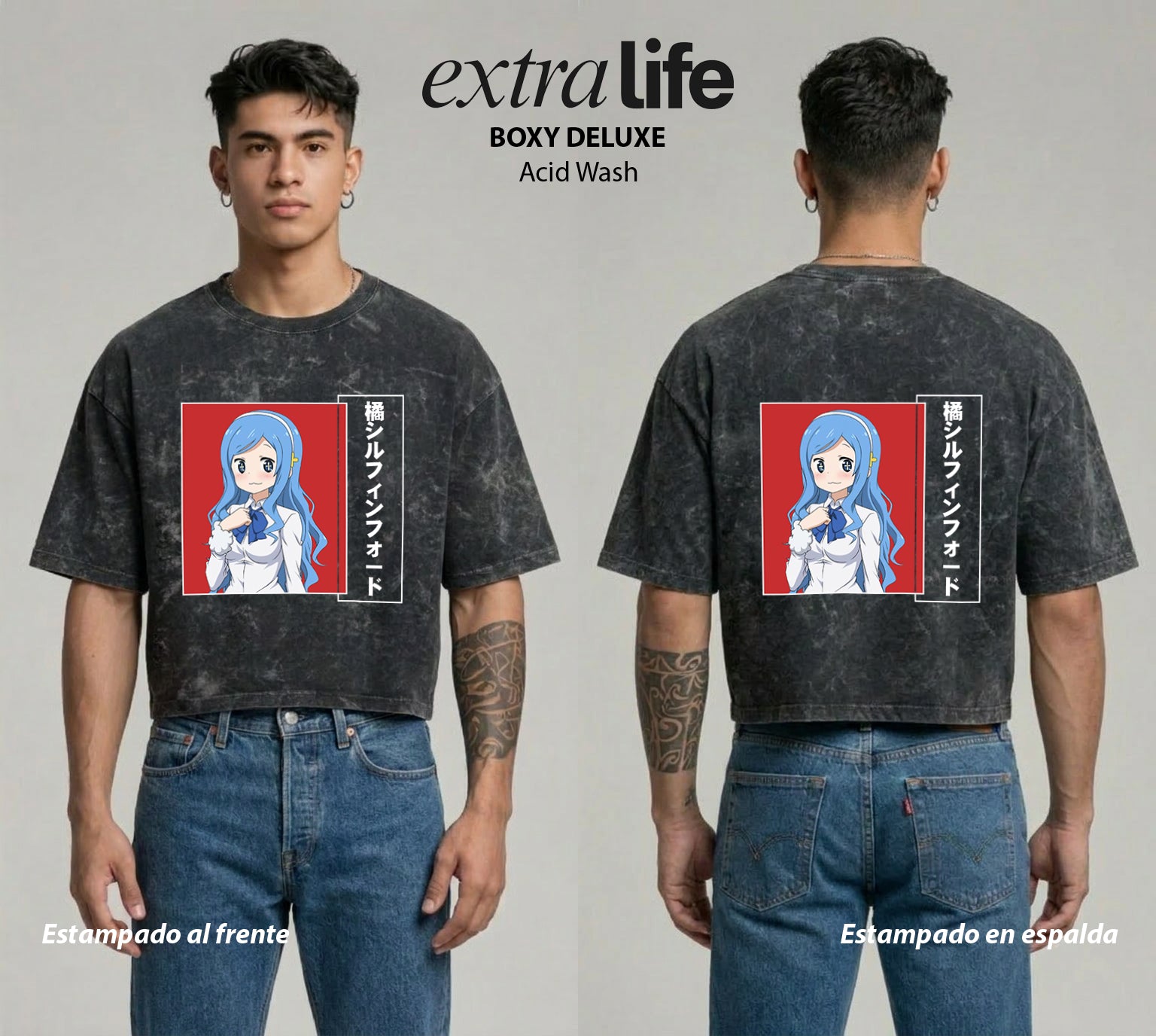 Playera streetwear premium de anime y gaming ExtraLife MX, corte boxy deluxe mineral wash heavyweight en color Acid Wash, moda urbana mexicana de culto.