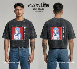 Playera streetwear premium de anime y gaming ExtraLife MX, corte boxy deluxe mineral wash heavyweight en color Acid Wash, moda urbana mexicana de culto.