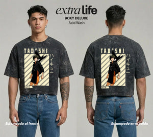 Playera streetwear premium de anime y gaming ExtraLife MX, corte boxy deluxe mineral wash heavyweight en color Acid Wash, moda urbana mexicana de culto.