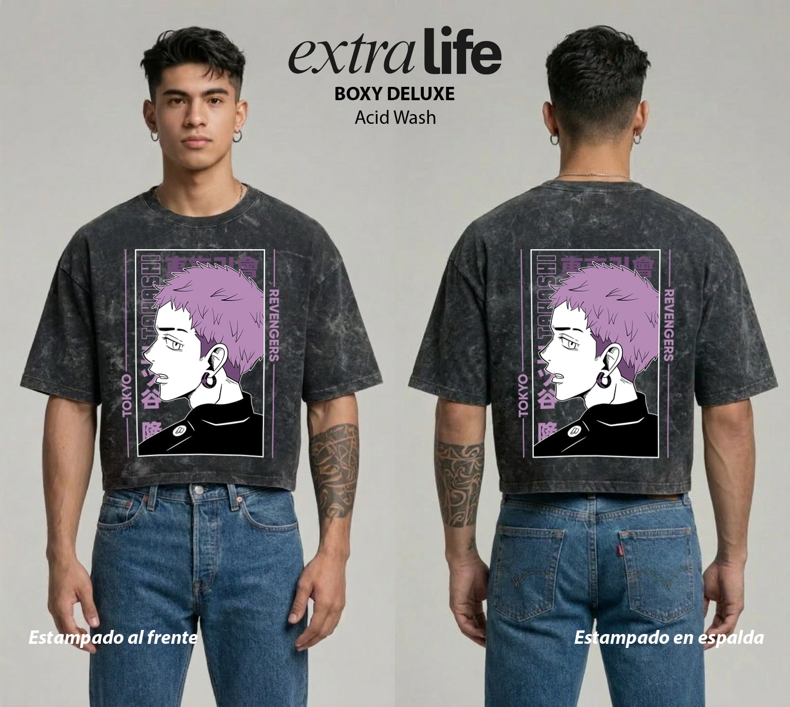Playera streetwear premium de anime y gaming ExtraLife MX, corte boxy deluxe mineral wash heavyweight en color Acid Wash, moda urbana mexicana de culto.