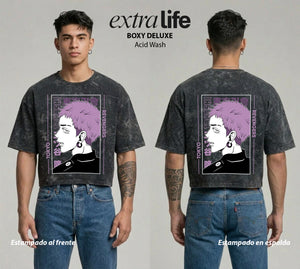 Playera streetwear premium de anime y gaming ExtraLife MX, corte boxy deluxe mineral wash heavyweight en color Acid Wash, moda urbana mexicana de culto.