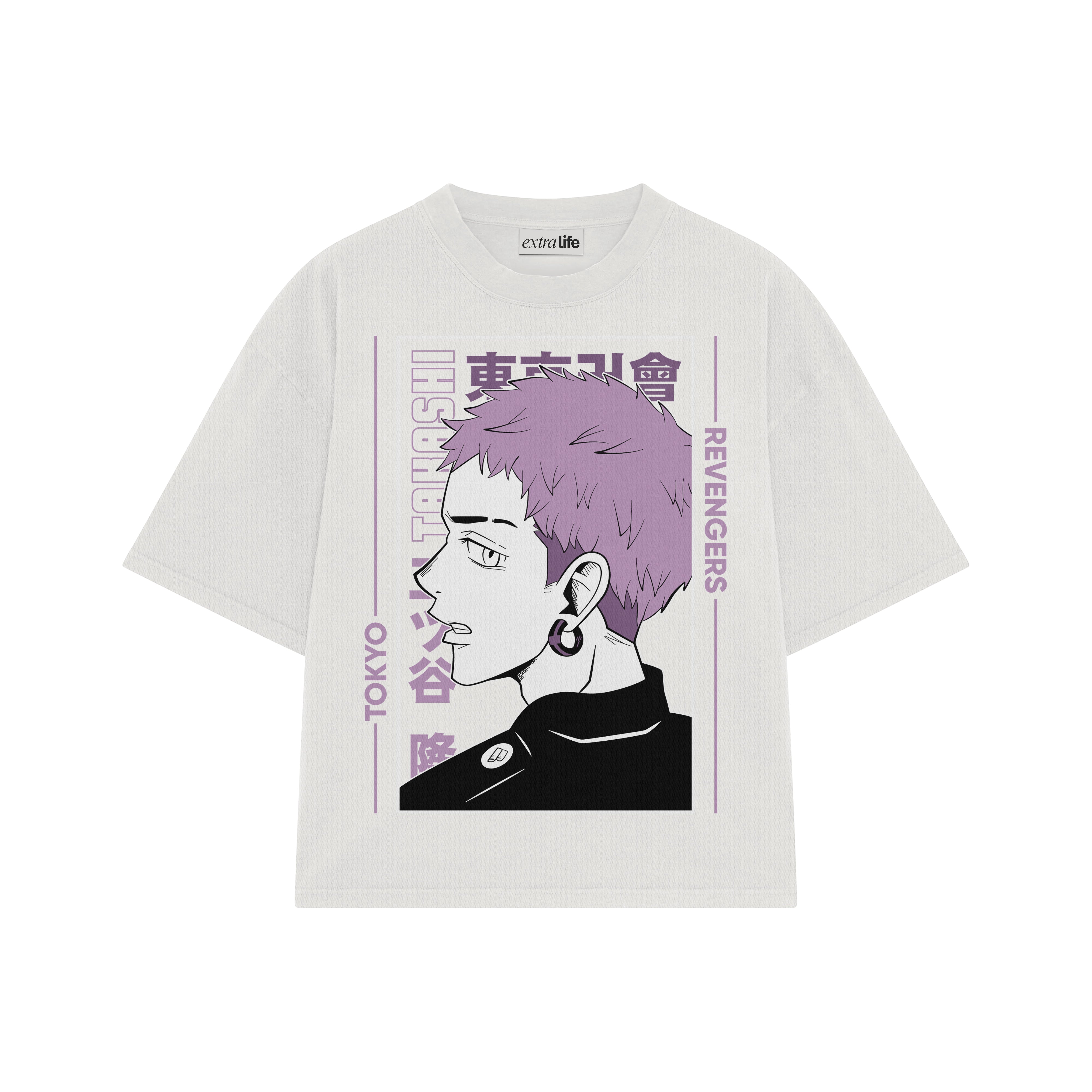 Playera streetwear premium de anime y gaming ExtraLife MX, corte boxy oversized drop shoulder heavyweight en color Deep Black y Off-White, moda urbana mexicana de culto.