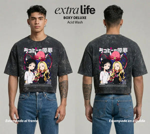 Playera streetwear premium de anime y gaming ExtraLife MX, corte boxy deluxe mineral wash heavyweight en color Acid Wash, moda urbana mexicana de culto.