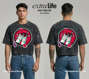 Playera streetwear premium de anime y gaming ExtraLife MX, corte boxy deluxe mineral wash heavyweight en color Acid Wash, moda urbana mexicana de culto.