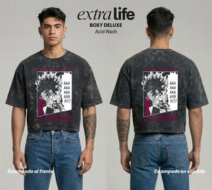 Playera streetwear premium de anime y gaming ExtraLife MX, corte boxy deluxe mineral wash heavyweight en color Acid Wash, moda urbana mexicana de culto.