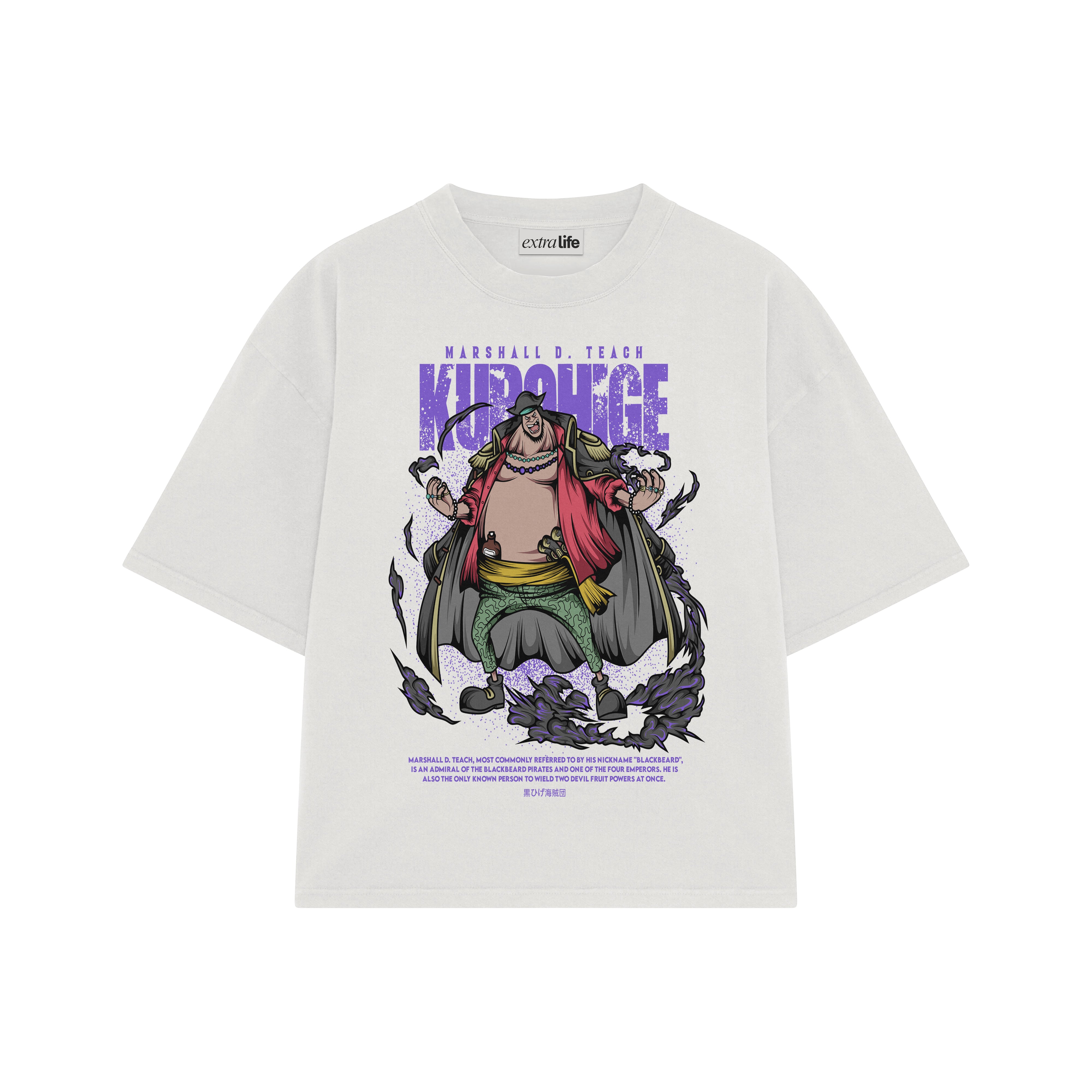 Playera streetwear premium de anime y gaming ExtraLife MX, corte boxy oversized drop shoulder heavyweight en color Deep Black y Off-White, moda urbana mexicana de culto.