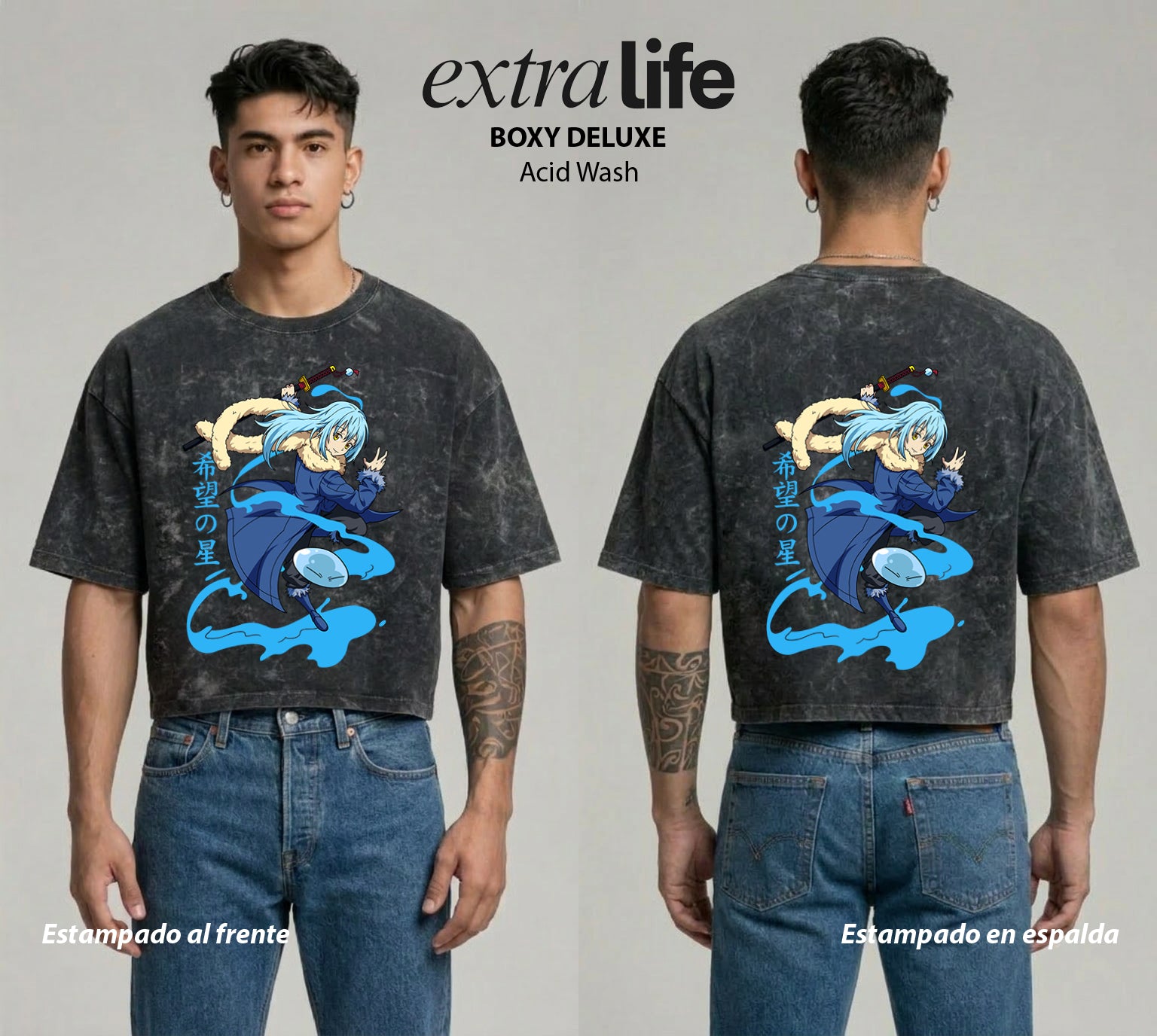 Playera streetwear premium de anime y gaming ExtraLife MX, corte boxy deluxe mineral wash heavyweight en color Acid Wash, moda urbana mexicana de culto.