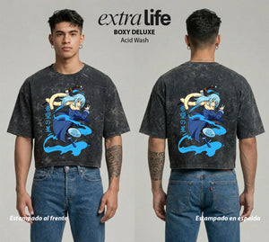 Playera streetwear premium de anime y gaming ExtraLife MX, corte boxy deluxe mineral wash heavyweight en color Acid Wash, moda urbana mexicana de culto.