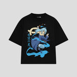 Playera streetwear premium de anime y gaming ExtraLife MX, corte boxy oversized drop shoulder heavyweight en color Deep Black y Off-White, moda urbana mexicana de culto.