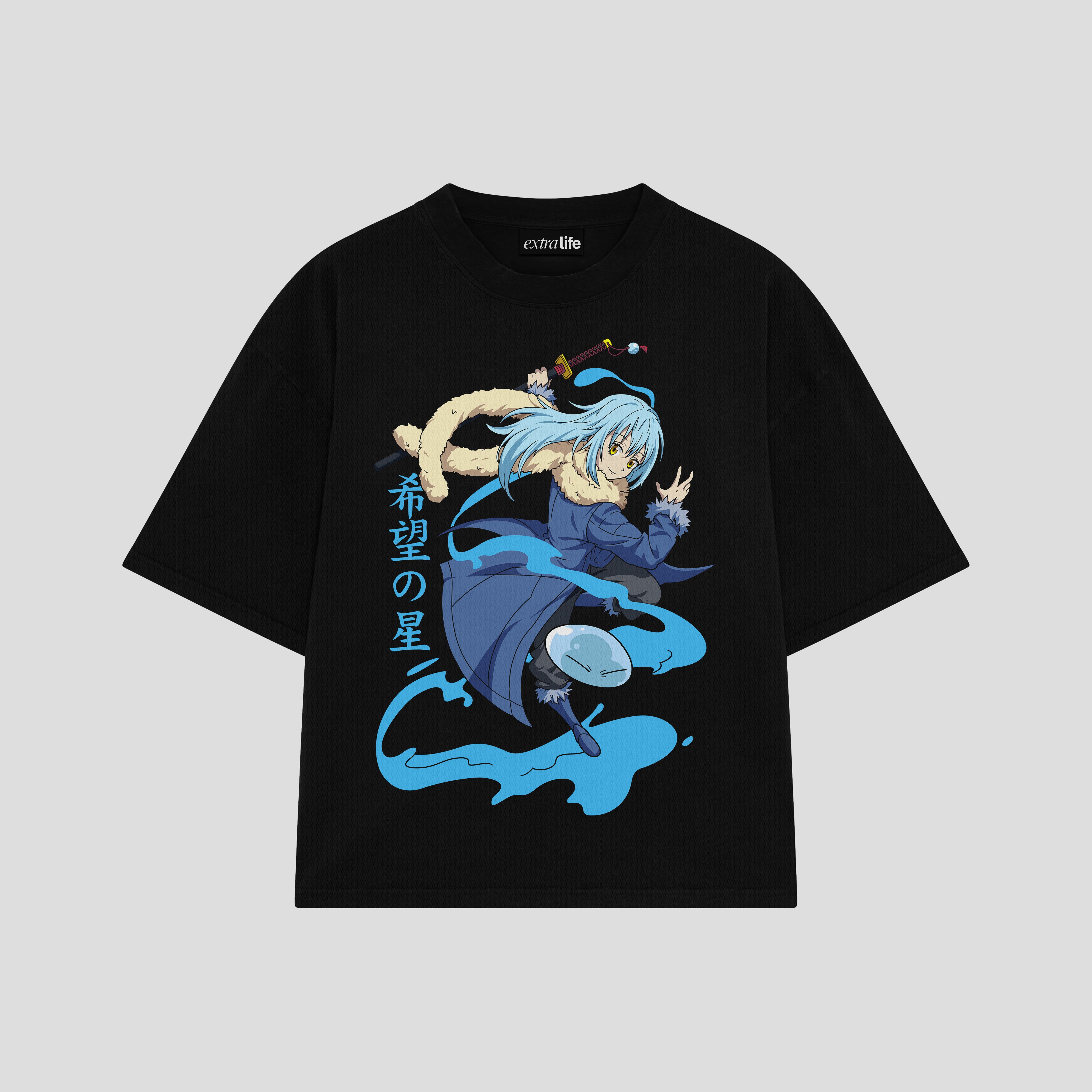 Playera streetwear premium de anime y gaming ExtraLife MX, corte boxy oversized drop shoulder heavyweight en color Deep Black y Off-White, moda urbana mexicana de culto.