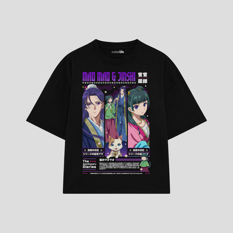 Playera streetwear premium de anime y gaming ExtraLife MX, corte boxy oversized drop shoulder heavyweight en color Deep Black y Off-White, moda urbana mexicana de culto.
