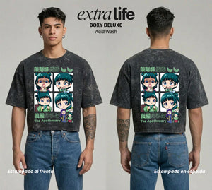 Playera streetwear premium de anime y gaming ExtraLife MX, corte boxy deluxe mineral wash heavyweight en color Acid Wash, moda urbana mexicana de culto.