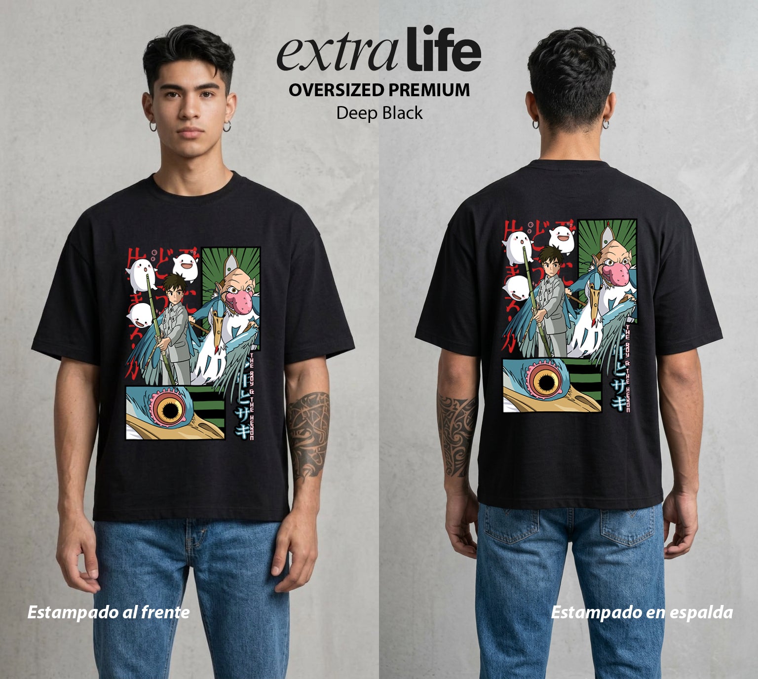 El Estudio del Viento | El Niño y la Garza #04283 - Playera Oversized Premium | Deep Black - Foto en modelo