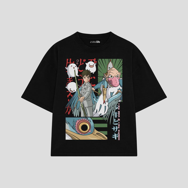 Playera streetwear premium de anime y gaming ExtraLife MX, corte boxy oversized drop shoulder heavyweight en color Deep Black y Off-White, moda urbana mexicana de culto.