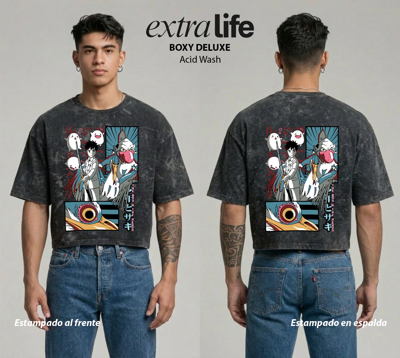 Playera streetwear premium de anime y gaming ExtraLife MX, corte boxy deluxe mineral wash heavyweight en color Acid Wash, moda urbana mexicana de culto.