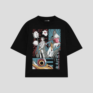 Playera streetwear premium de anime y gaming ExtraLife MX, corte boxy oversized drop shoulder heavyweight en color Deep Black y Off-White, moda urbana mexicana de culto.