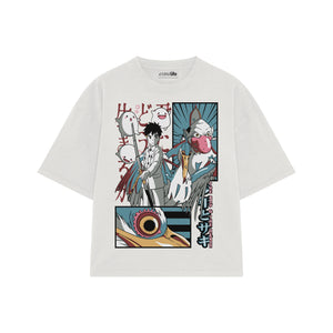 Playera streetwear premium de anime y gaming ExtraLife MX, corte boxy oversized drop shoulder heavyweight en color Deep Black y Off-White, moda urbana mexicana de culto.